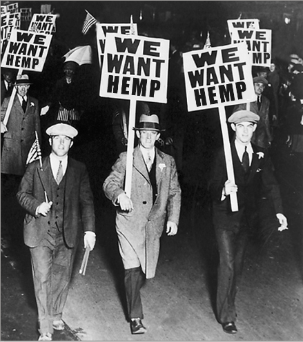 Hemp Prohibition ends! Men with we want hemp signs